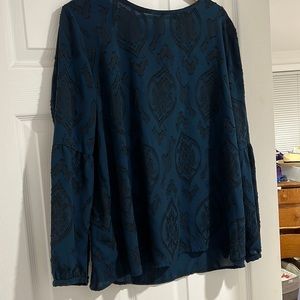 Deep Teal Loft Blouse with Black Jacquard Floral Design